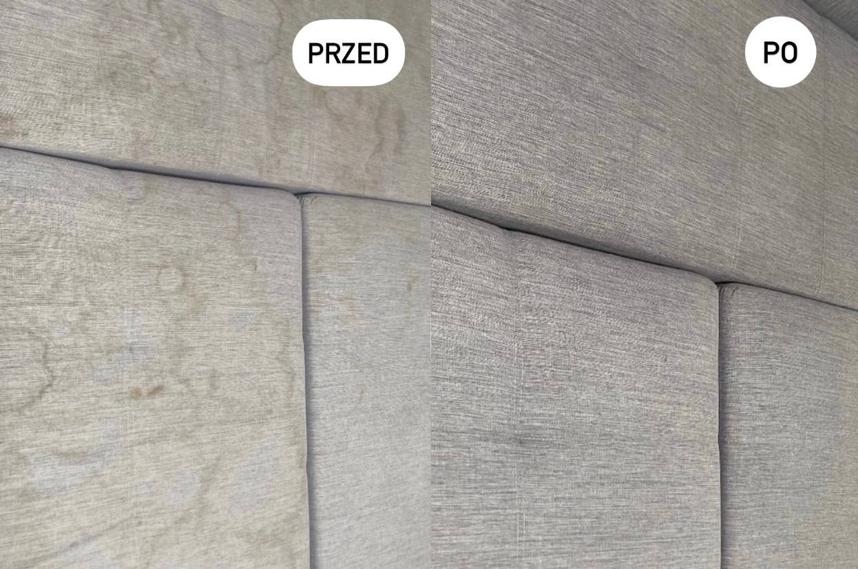 Tapicerka meblowa w odcieniach szarości: widoczne wyraźne plamy 'przed' czyszczeniem i czysta tkanina 'po'.