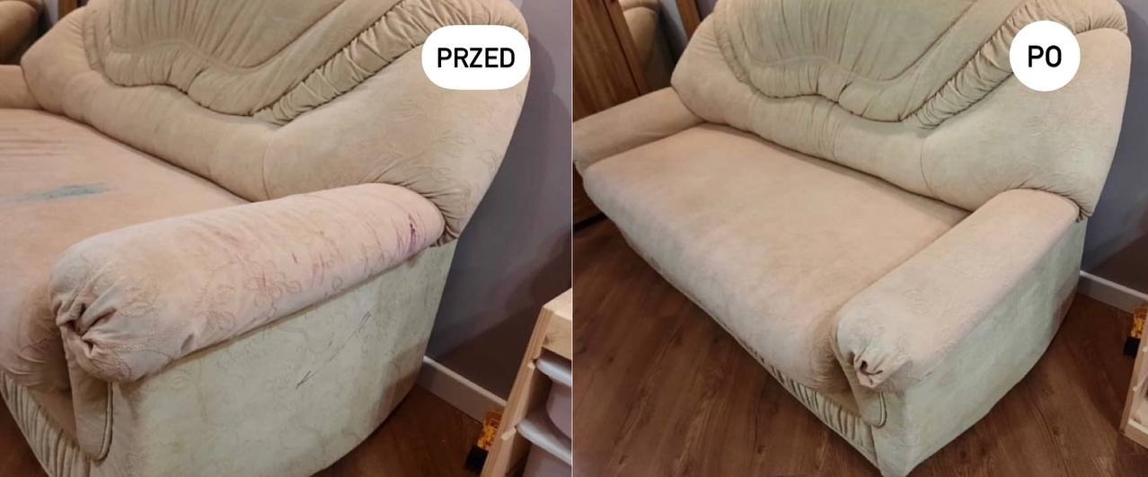 Kremowa kanapa: po lewej zabrudzona, po prawej wyczyszczona. Porównanie PRZED i PO prania tapicerki, ukazujące skuteczność usługi czyszczenia mebli.