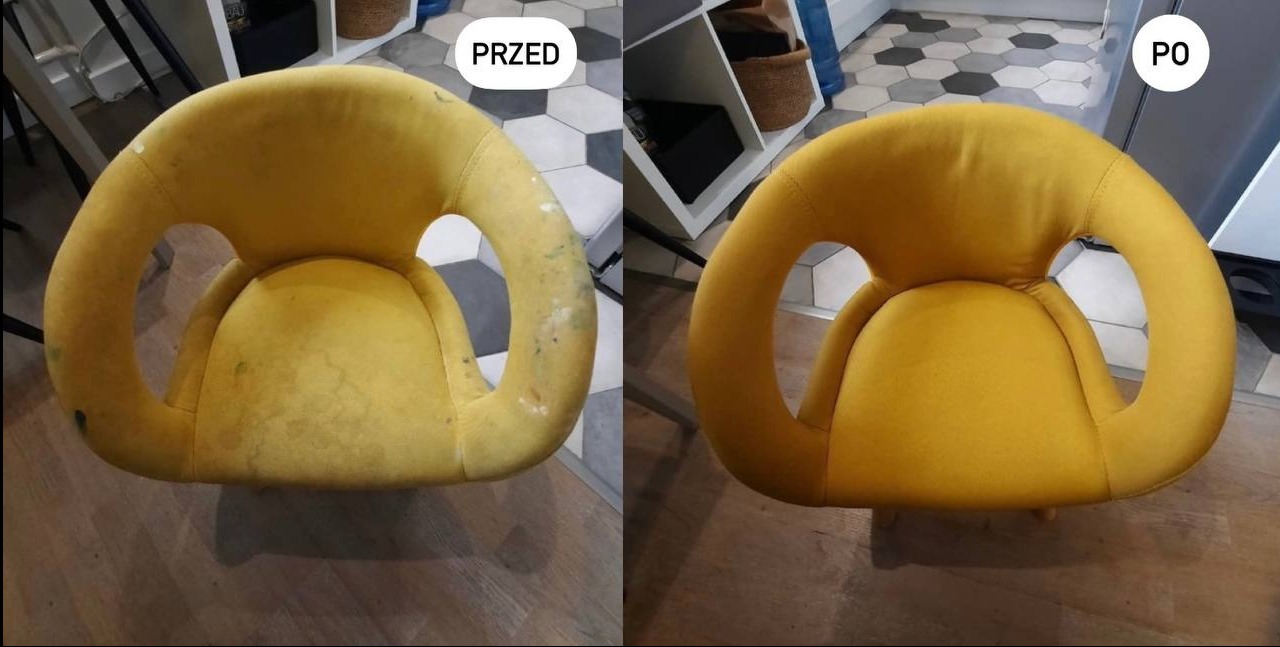 Żółte krzesło tapicerowane przed i po czyszczeniu, z widocznymi plamami po lewej i czystą tapicerką po prawej stronie zdjęcia. Widok z góry.