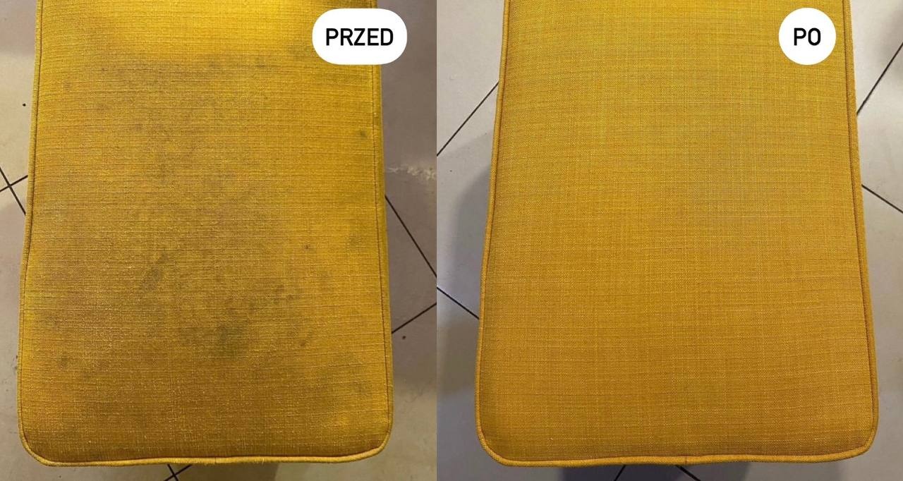 Żółte siedzisko krzesła tapicerowanego: po lewej stronie widoczne zabrudzenia, po prawej czyste po praniu. Układ PRZED i PO.