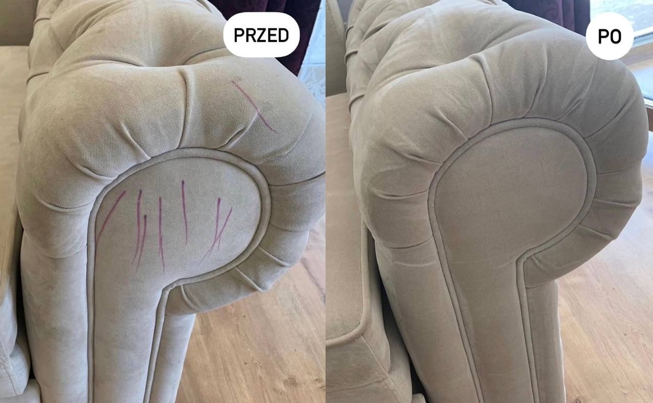 Tapicerka sofy w odcieniach beżu: widok przed i po czyszczeniu, z usuniętymi zabrudzeniami z boku mebla. Efekt czyszczenia tapicerki.