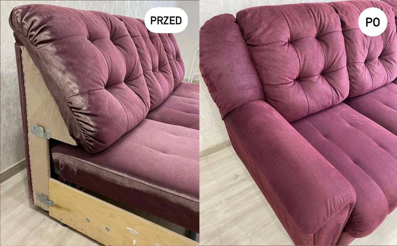Zdjęcie przedstawia efekt prania kanapy: po lewej stronie kanapa przed czyszczeniem, widoczne zabrudzenia, po prawej kanapa po praniu, odświeżona, jednolity kolor.