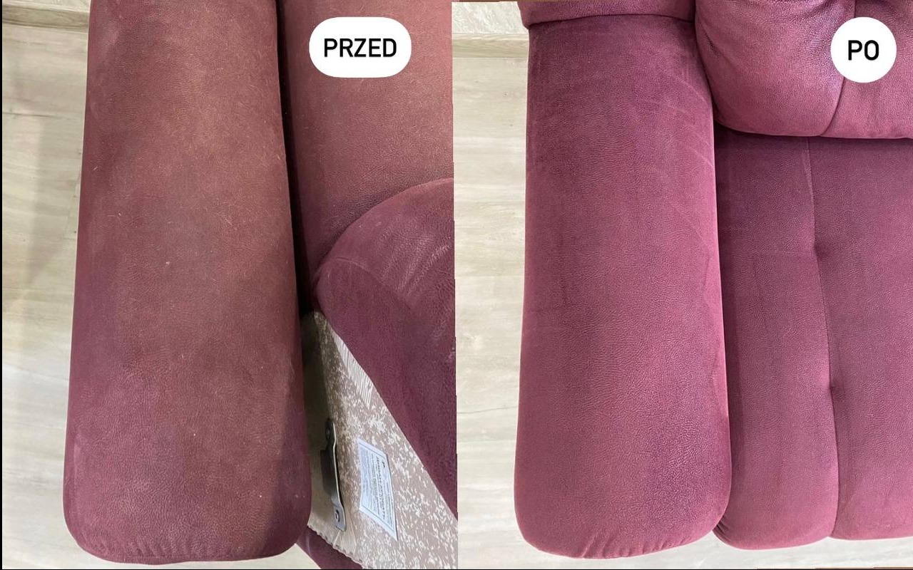 Fotel w odcieniach bordo: lewa strona 'PRZED' z widocznymi zabrudzeniami, prawa 'PO' - czysta tapicerka. Efekt prania tapicerki meblowej.