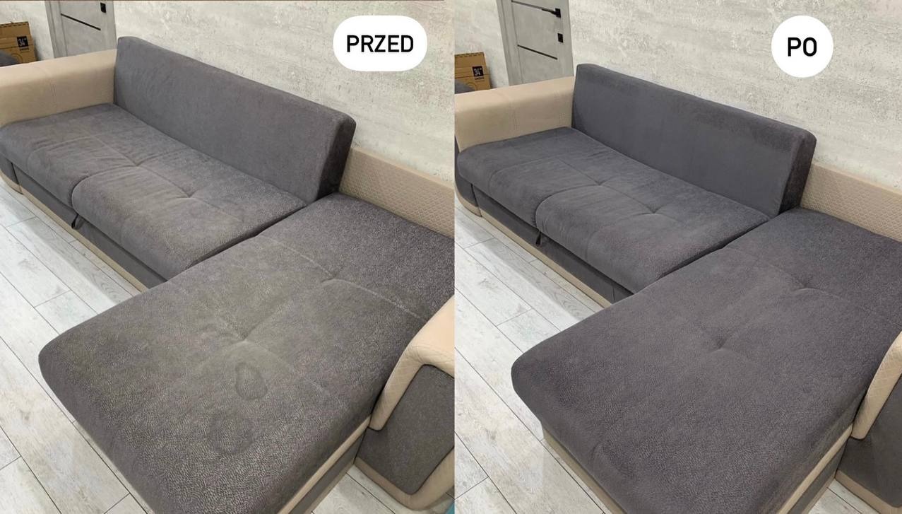 Zdjęcie 'przed i po' czyszczenia narożnika z szarej tapicerki. Widoczne wyraźne różnice w czystości materiału.