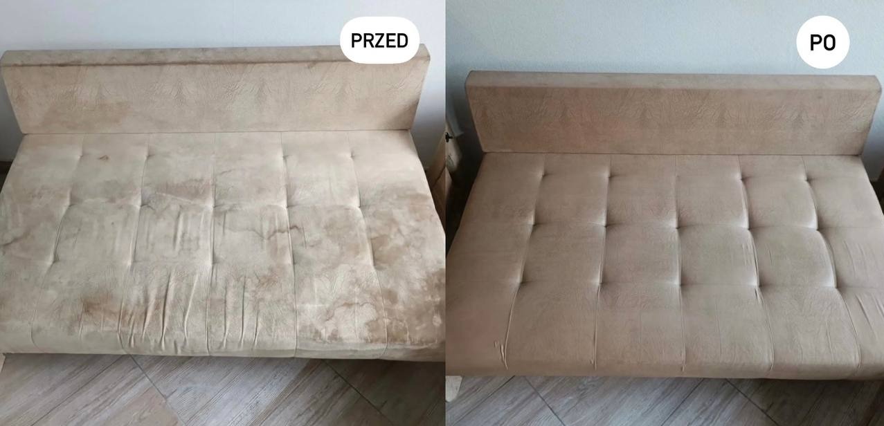 Kanapa tapicerowana w beżowym odcieniu, widok przed i po czyszczeniu. Lewa strona z plamami, prawa czysta. Ujęcie z bliska, prezentujące efekt prania tapicerki.