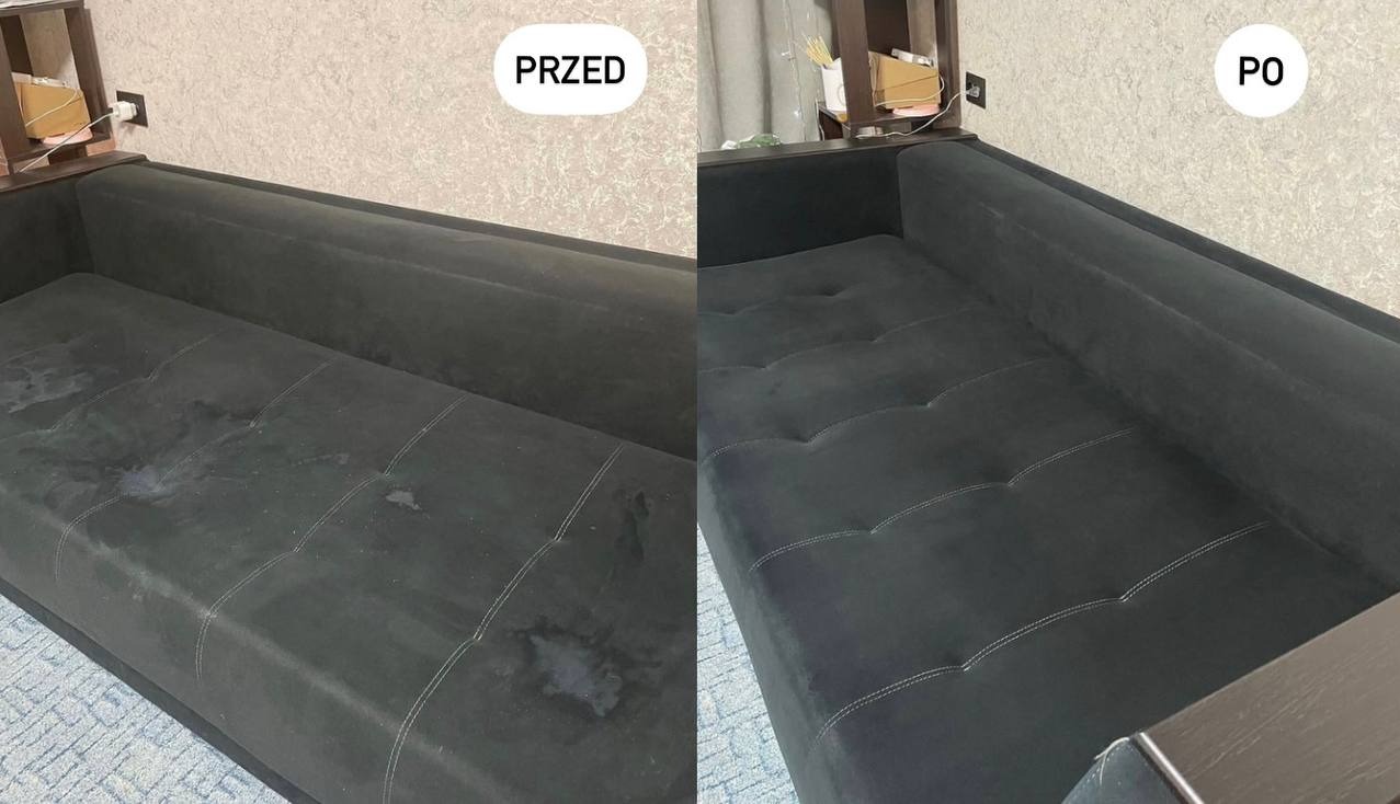 Zdjęcie przedstawia czarną kanapę przed i po czyszczeniu. Po lewej stronie widoczne plamy, po prawej czysta tapicerka z wyraźnymi przeszyciami. Ujęcie z góry, w tle wzorzysta ściana.