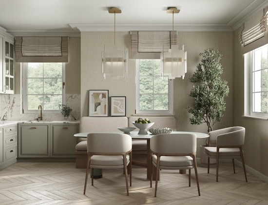 Jasna kuchnia z jadalnią: drewniana podłoga w jodełkę, okna z roletami rzymskimi, marmurowe blaty i złote lampy wiszące nad okrągłym stołem. Minimalistyczny wystrój.