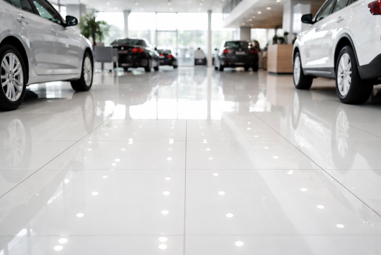 Błyszcząca, biała podłoga z płytek w salonie samochodowym, odbijająca światła i sylwetki aut. Widoczne fragmenty srebrnego i białego samochodu po bokach kadru.