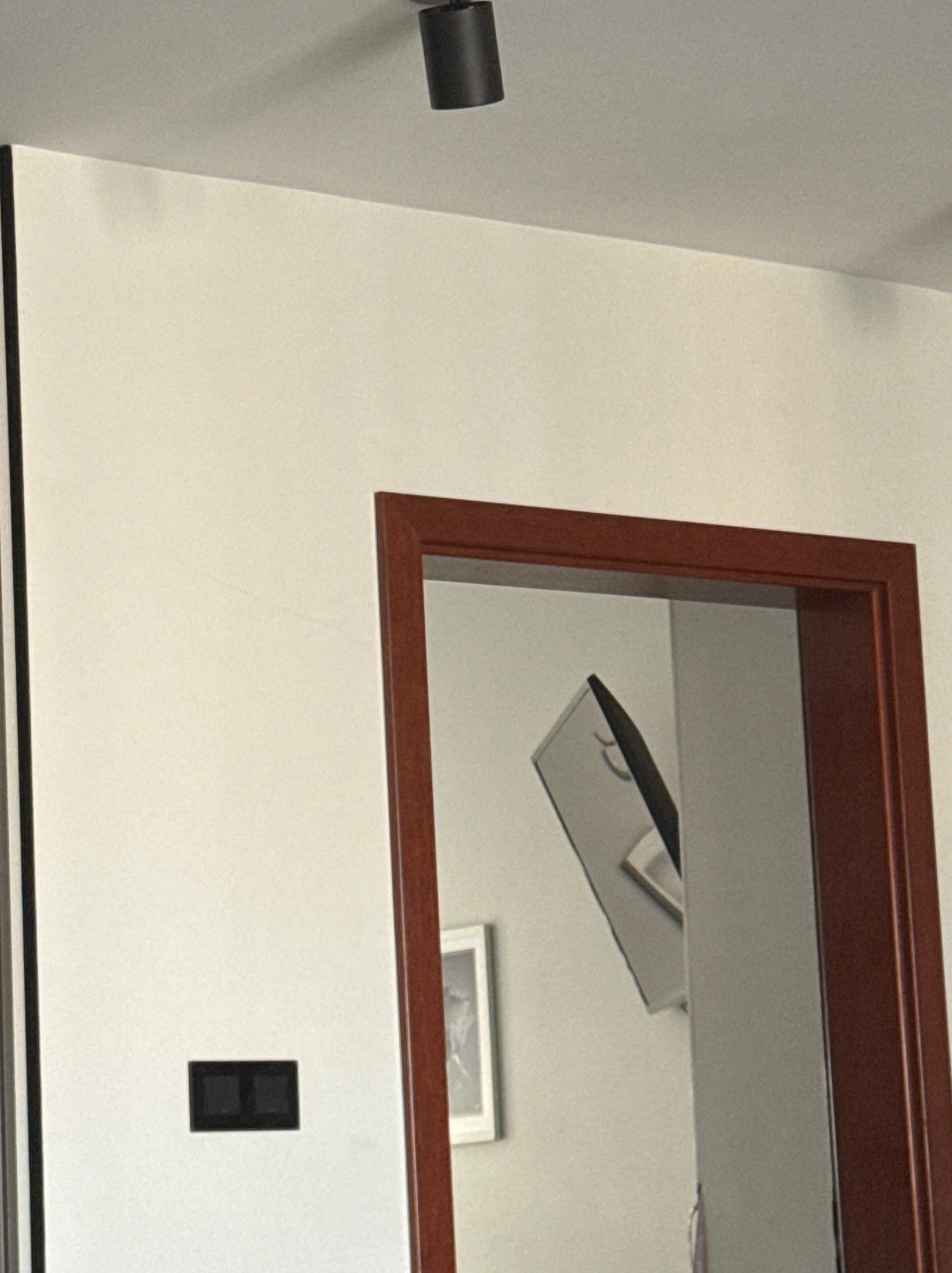 Fragment wnętrza: kremowa ściana z czarnym włącznikiem, brązowe obramowanie drzwi z widokiem na lustro i obraz w ramie.