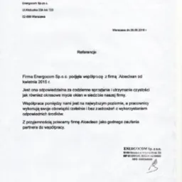 Referencje dla Aloeclean od Energocom Sp. z o.o. za codzienne sprzątanie i mycie okien. Dokument z datą 28.06.2016 r. zawiera pozytywną opinię o współpracy.