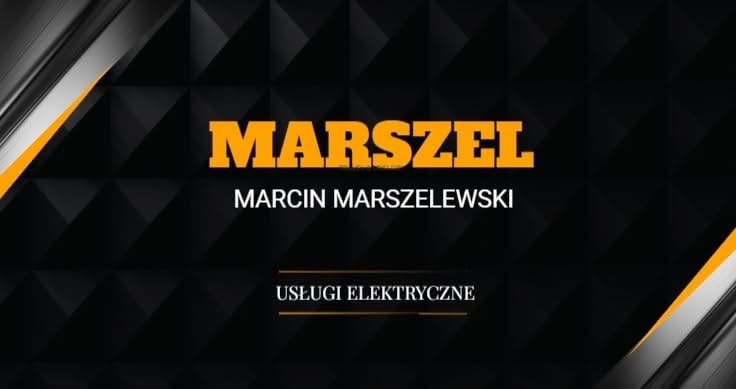 Eleganckie logo firmy elektrycznej Marszel, Marcin Marszelewski, z napisem 'Usługi Elektryczne' na czarnym tle z geometrycznym wzorem i żółtymi akcentami.