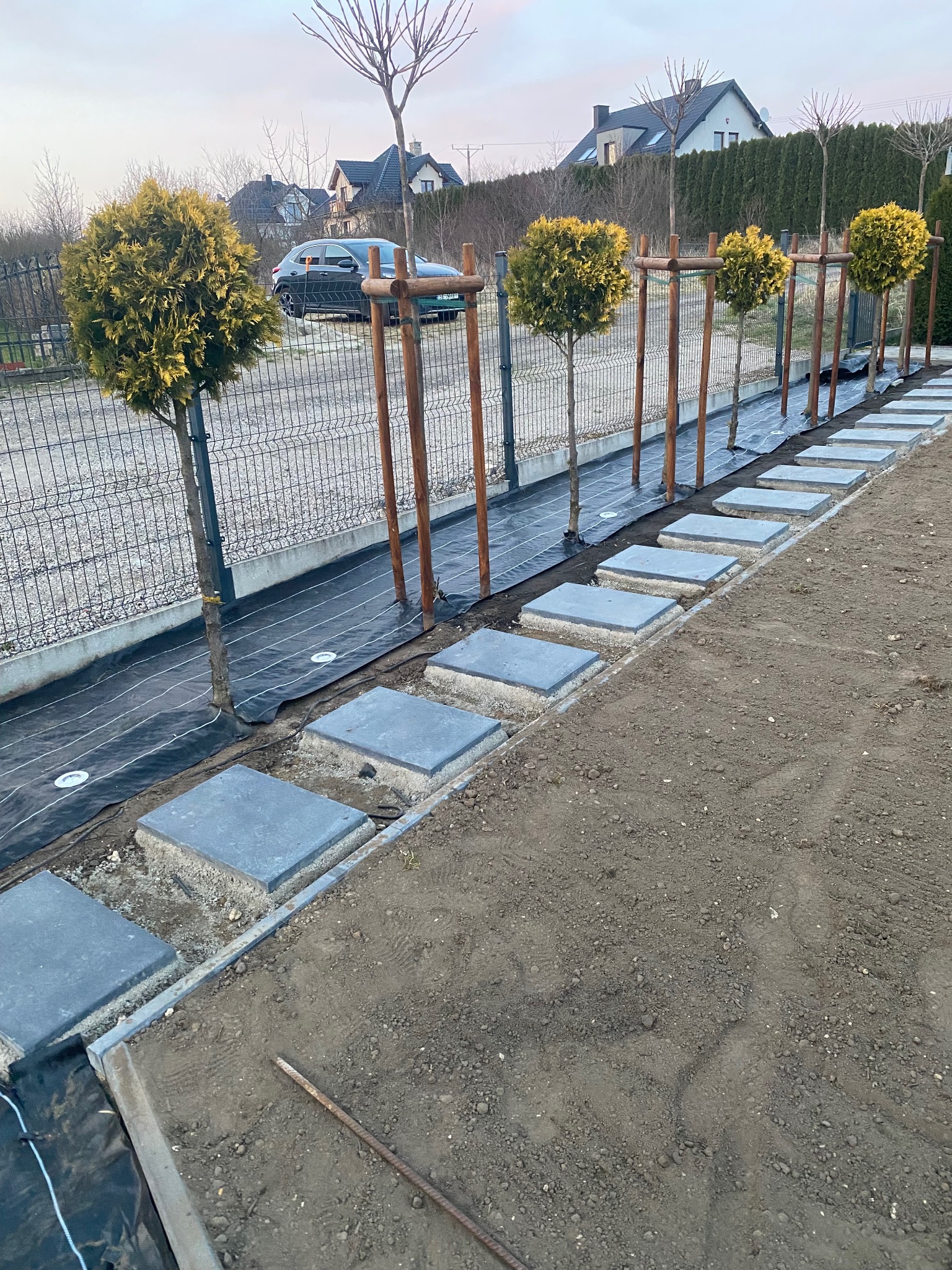 Ścieżka z kwadratowych płyt betonowych, oddzielona agrowłókniną i młodymi drzewkami, tworząca estetyczne przejście w ogrodzie. W tle widoczne domy.