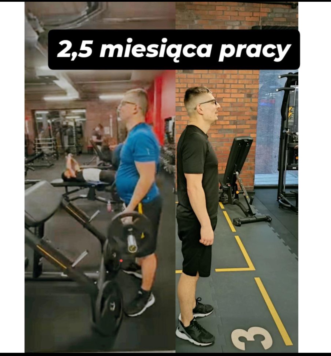 Metamorfoza sylwetki mężczyzny po 2,5 miesiącach treningu. Porównanie 'przed' z obciążeniem i 'po' na tle ceglanej ściany w siłowni. Widoczna poprawa postawy i redukcja tkanki tłuszczowej.