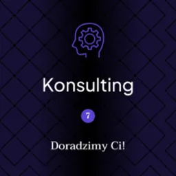 Grafika z napisem 'Konsulting' i hasłem 'Doradzimy Ci!' na ciemnofioletowym tle z motywem rombów i ikoną głowy z kołem zębatym. Wizualizacja usług doradczych.