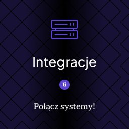 BARTOSZ WALENDZIUK - Grafika: Dwa serwery, napis 'Integracje', 'Połącz systemy!' na ciemnofioletowym tle z wzorem rombów. Ilustracja koncepcji integracji systemów IT.