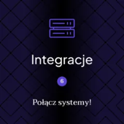 Grafika: Dwa serwery, napis 'Integracje', 'Połącz systemy!' na ciemnofioletowym tle z wzorem rombów. Ilustracja koncepcji integracji systemów IT.