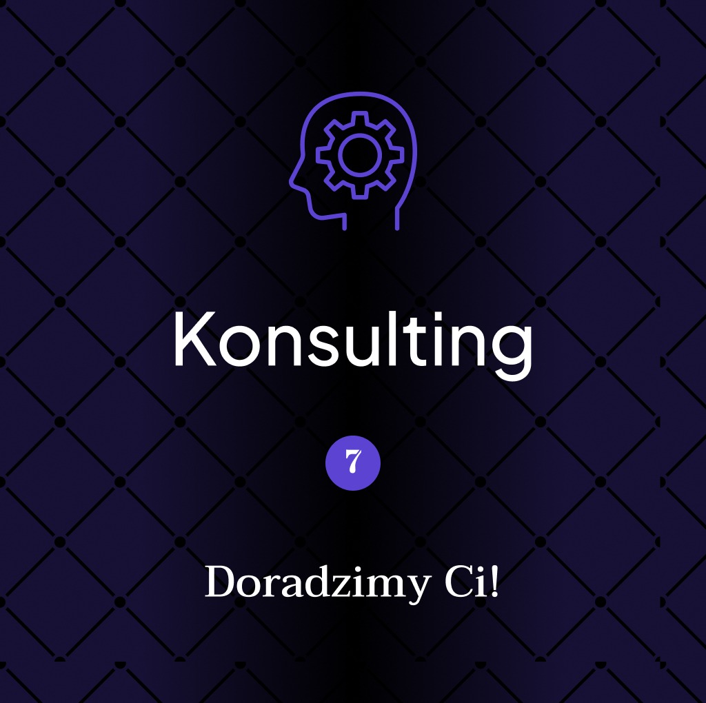 Grafika z napisem 'Konsulting' i hasłem 'Doradzimy Ci!' na ciemnofioletowym tle z motywem rombów i ikoną głowy z kołem zębatym. Wizualizacja usług doradczych.