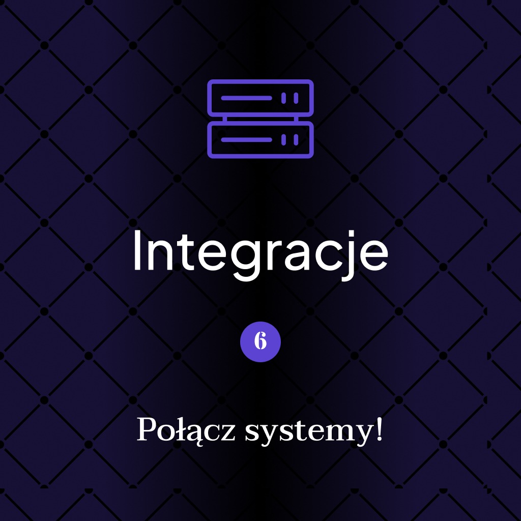 Grafika: Dwa serwery, napis 'Integracje', 'Połącz systemy!' na ciemnofioletowym tle z wzorem rombów. Ilustracja koncepcji integracji systemów IT.