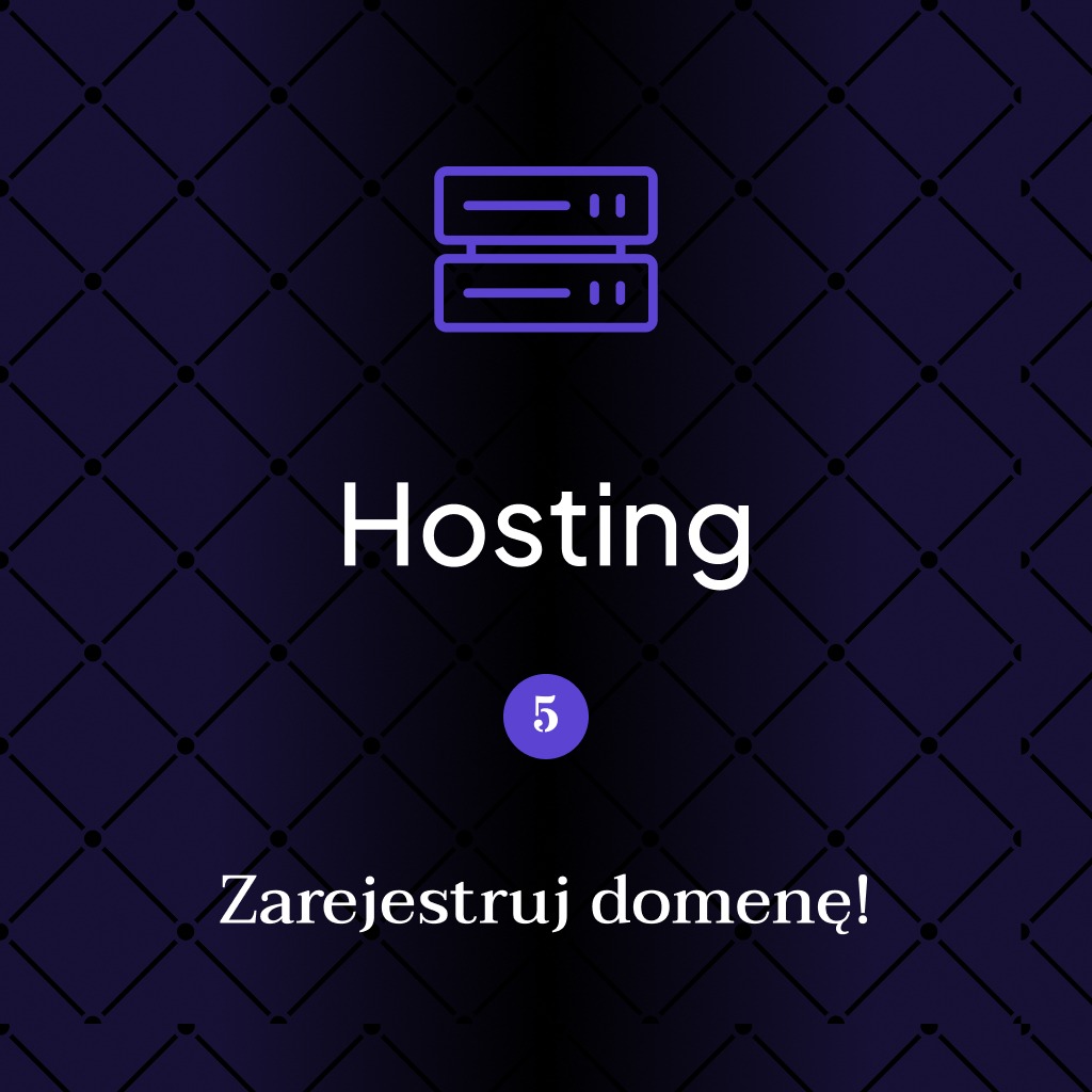 Grafika z ikoną serwera, napisem 'Hosting' i wezwaniem 'Zarejestruj domenę!' na ciemnofioletowym tle w romby. Oferta hostingu i rejestracji domen.