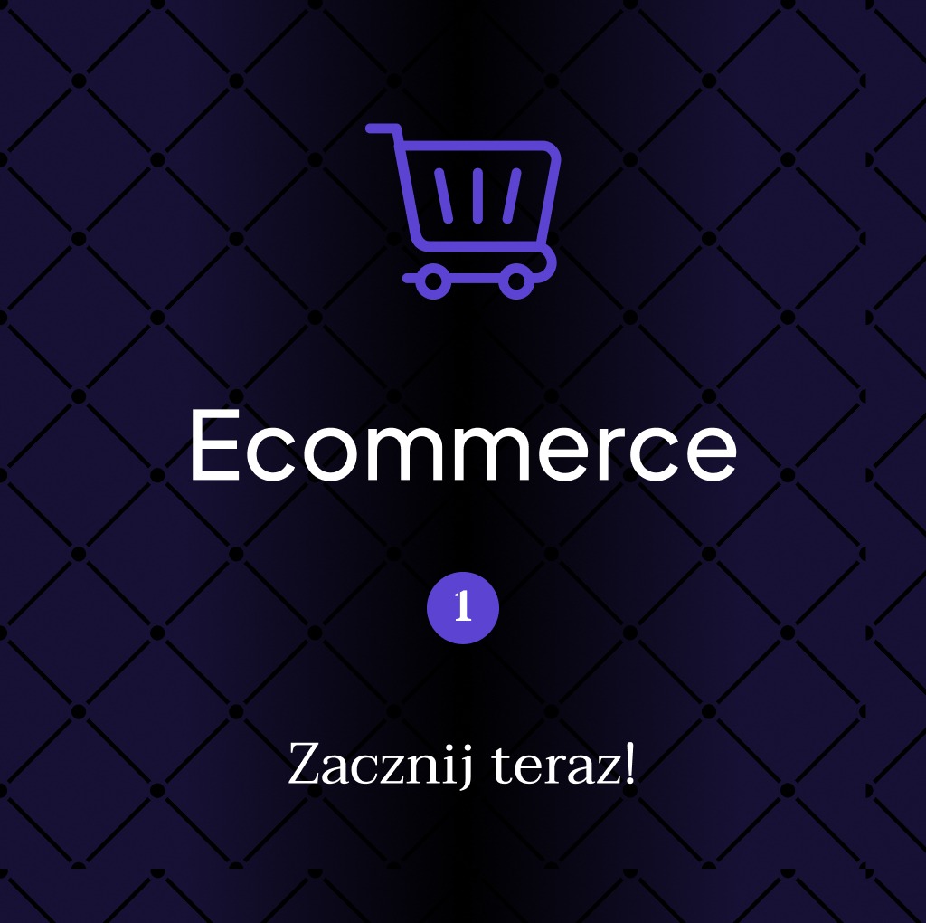 Grafika e-commerce na ciemnym tle z motywem kraty. Fioletowy koszyk, biały napis 'Ecommerce', liczba '1' i hasło 'Zacznij teraz!' promują usługi.