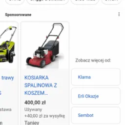 Wyniki wyszukiwania Google z ofertą używanej kosiarki spalinowej z koszem. Kosiarka czerwona, widoczna cena 400 zł. Marki Stihl, Briggs&Stratton, Oleo-Mac, Stiga.