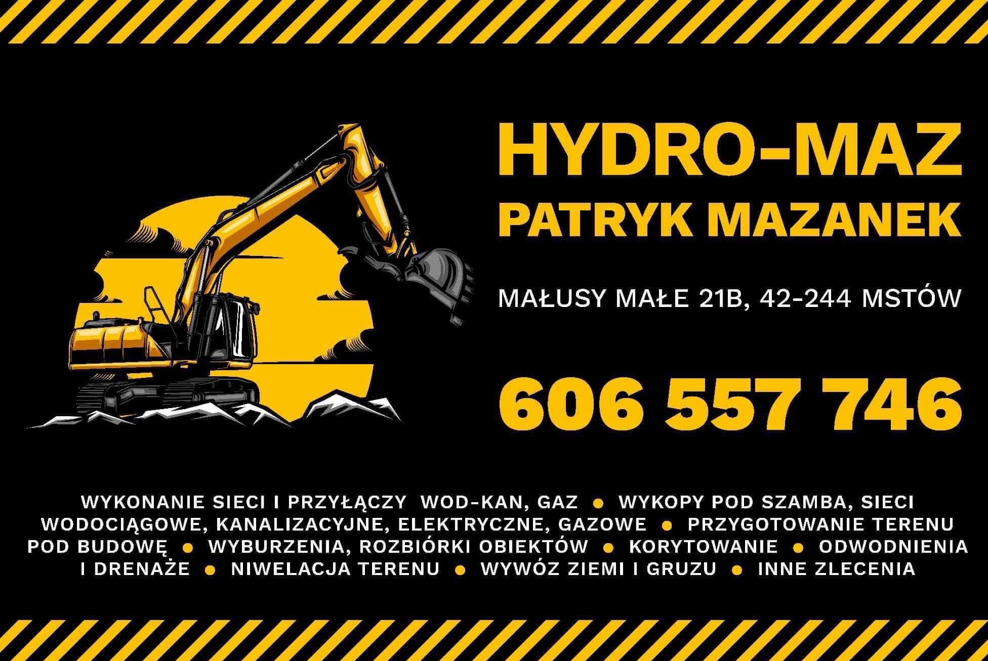 Żółto-czarna grafika z ilustracją koparki, nazwą firmy 'HYDRO-MAZ', danymi kontaktowymi i zakresem usług: przyłącza wod-kan, wykopy, drenaż, niwelacja terenu.