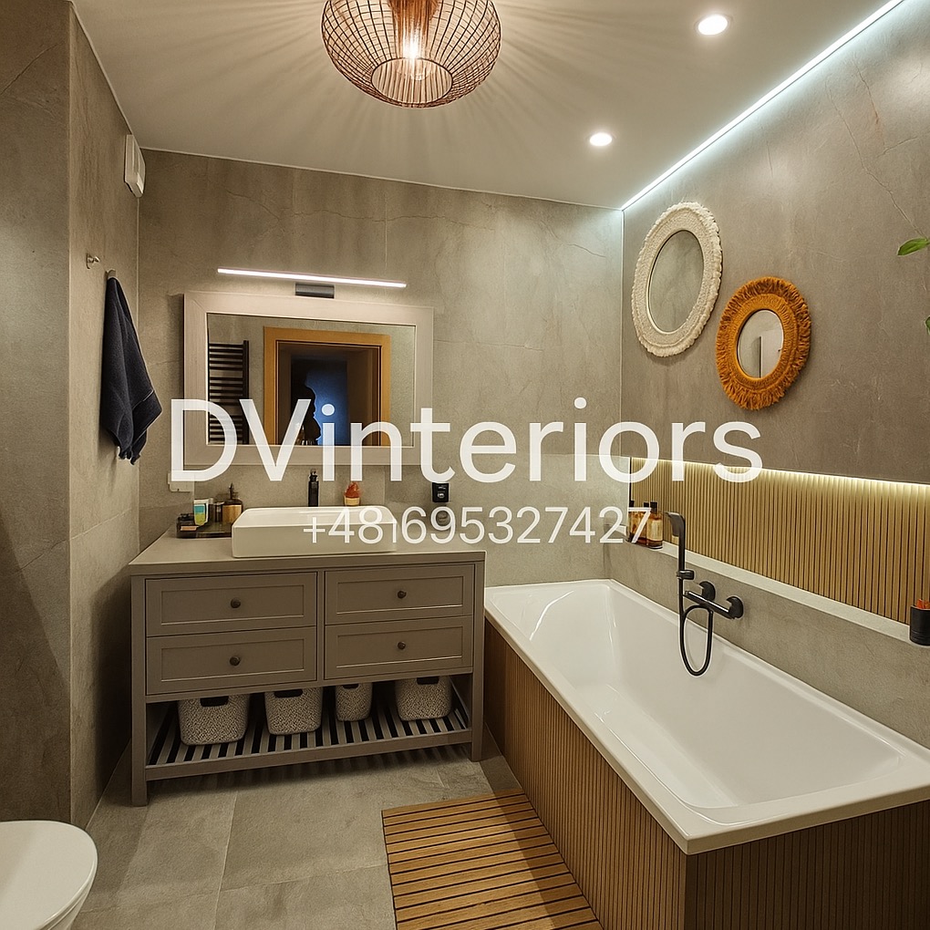 Nowoczesna łazienka w szarościach z drewnianymi akcentami: okrągłe lustra na ścianie, designerska lampa, szafka pod umywalką z koszami i drewniana mata podłogowa.