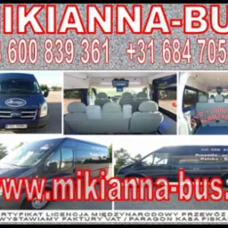 Montaż zdjęć busa MIKIANNA-BUS: przód, wnętrze z monitorami, bok z napisem 'Przewóz osób Polska-Europa' i adres www.mikianna-bus.pl. Certyfikat licencji.