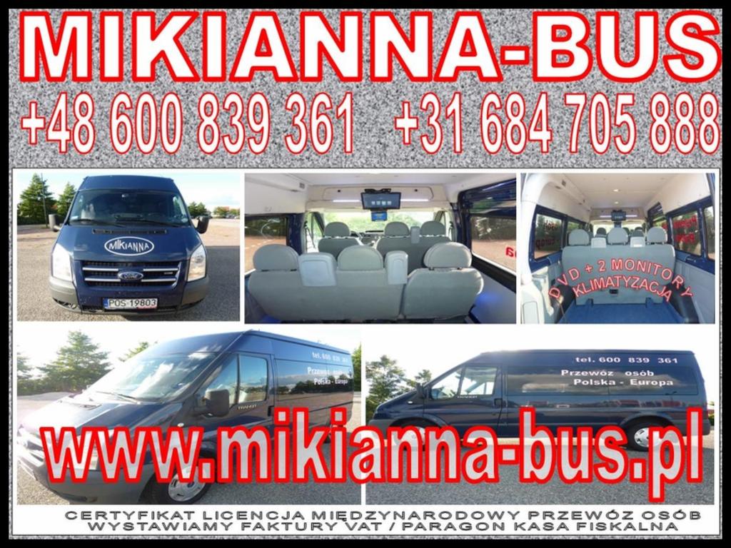 Prezentacja busa MIKIANNA-BUS: widok z zewnątrz i wnętrza, numery telefonów, adres strony www, informacja o certyfikacie i fakturach. Przewóz osób Polska-Europa.