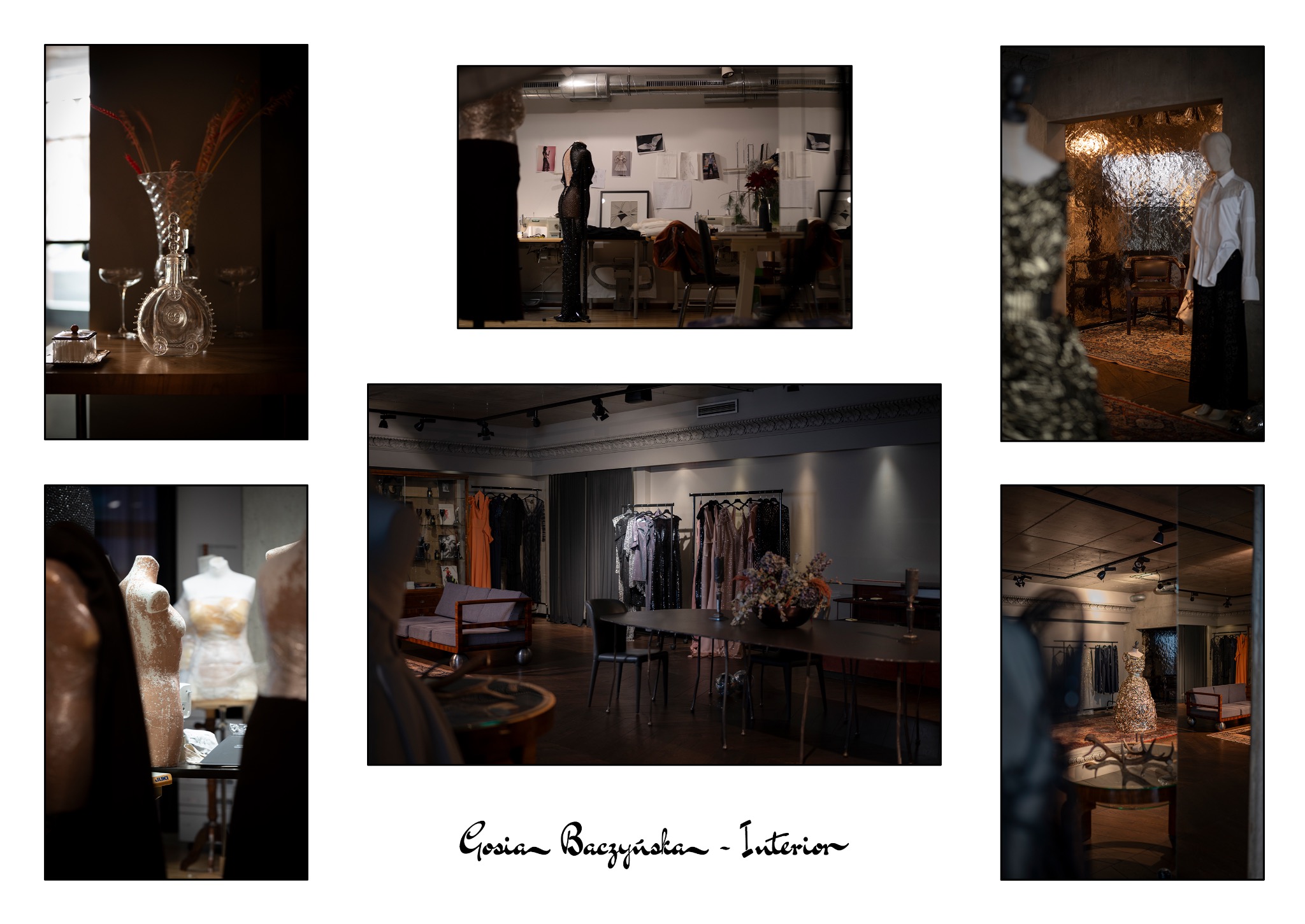 Atelier Gosi Baczyńskiej: wnętrze z manekinami, ubraniami na wieszakach i dekoracjami, ukazane w kolażu sześciu kadrów z różnej perspektywy.