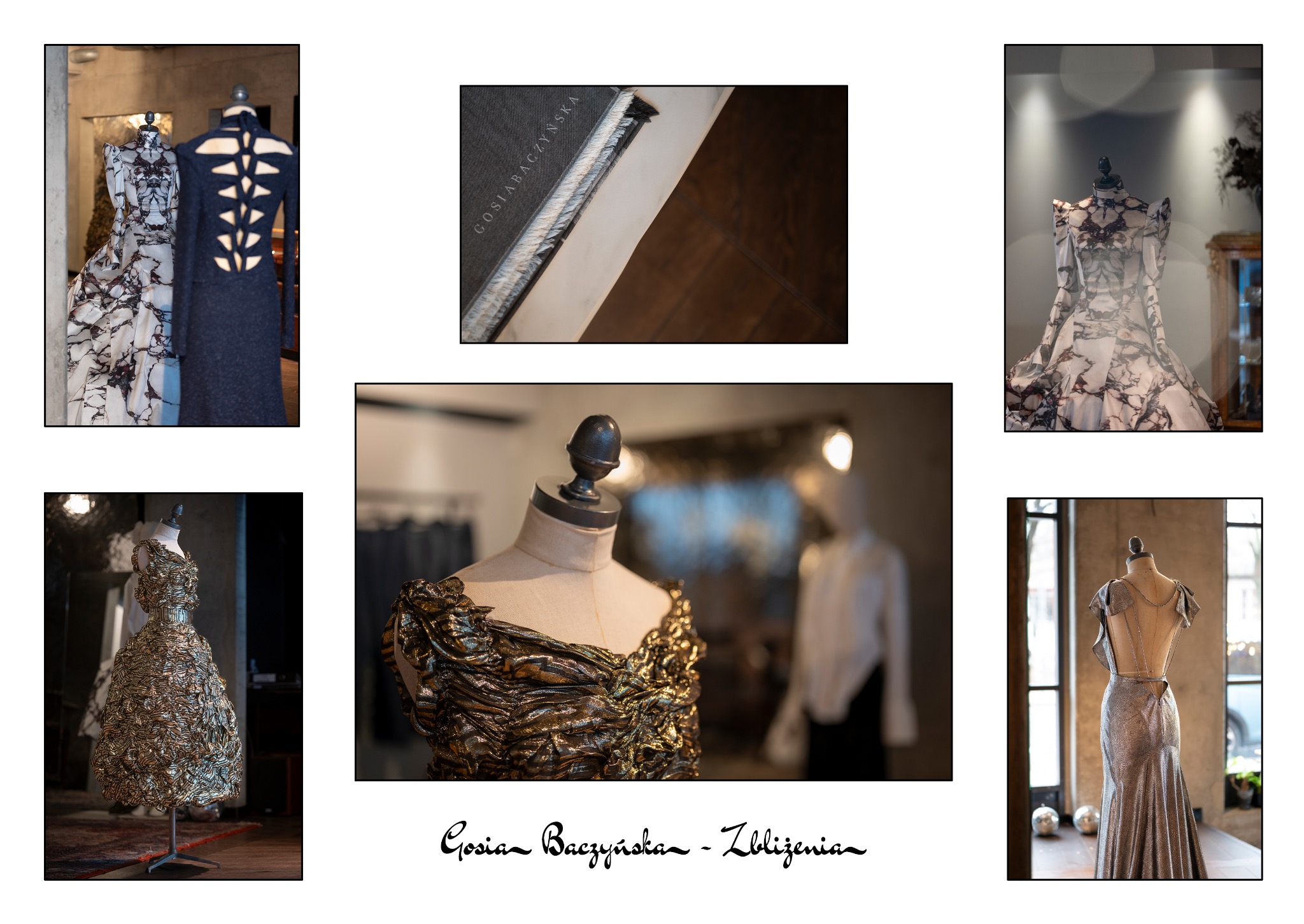 Kolaż prezentujący kreacje od projektantki Gosi Baczyńskiej: suknie na manekinach w atelier, detale tkanin i wykończeń, w tym złota suknia z plisowaniami.
