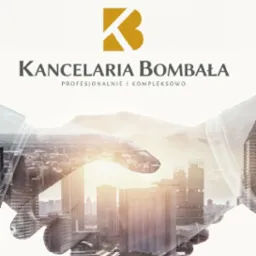 Logo Kancelarii Bombała z motywem uścisku dłoni na tle panoramy miasta, symbolizujące profesjonalne i kompleksowe usługi.