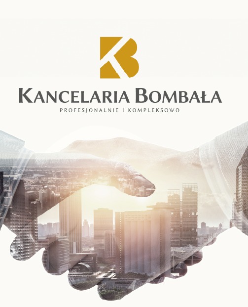 Logo Kancelarii Bombała z motywem uścisku dłoni na tle panoramy miasta, symbolizujące profesjonalne i kompleksowe usługi.