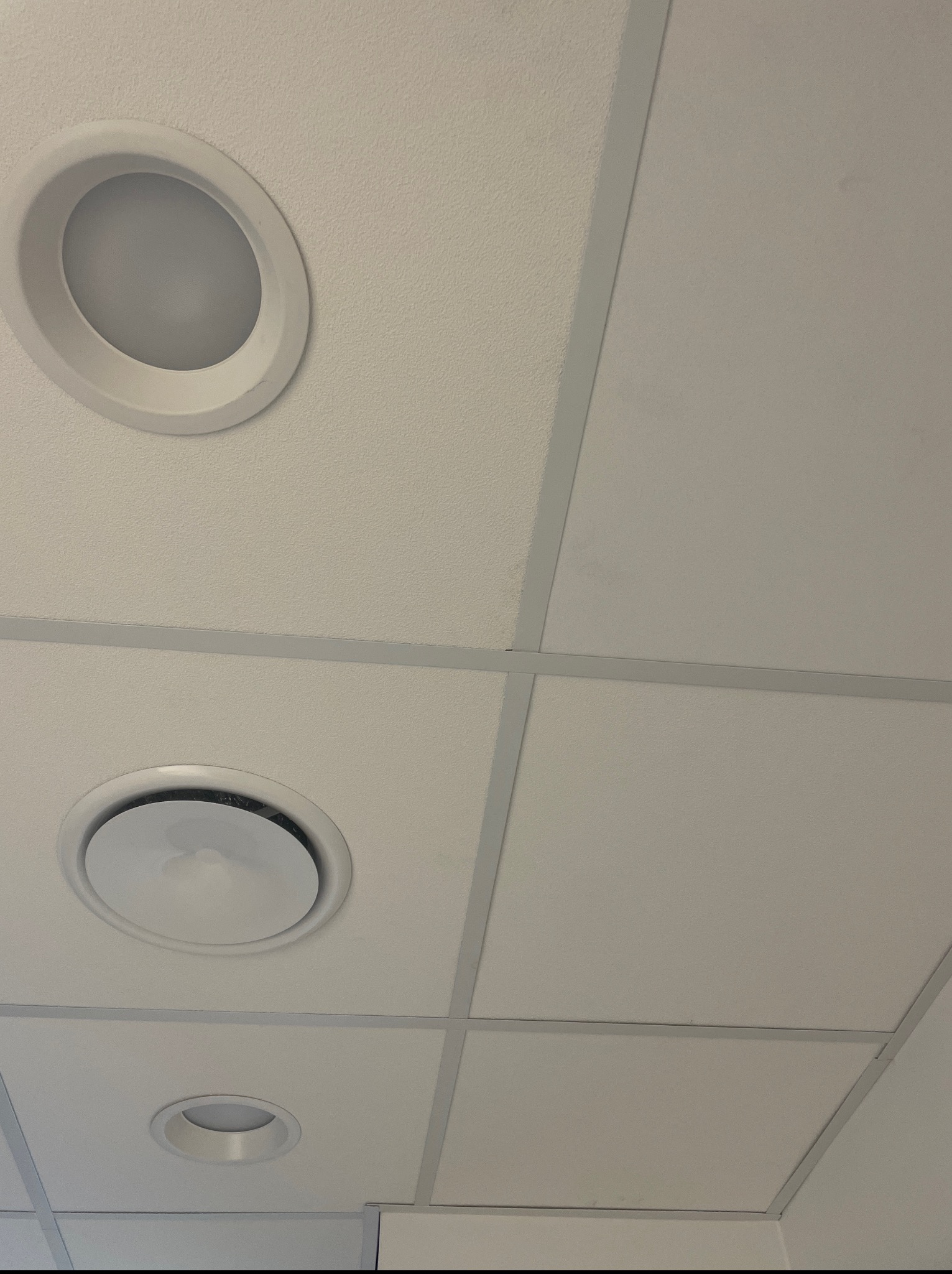 Kasetonowy sufit podwieszany z trzema okrągłymi oprawami oświetleniowymi. Widok z dołu, oświetlenie równomierne, jasne panele.