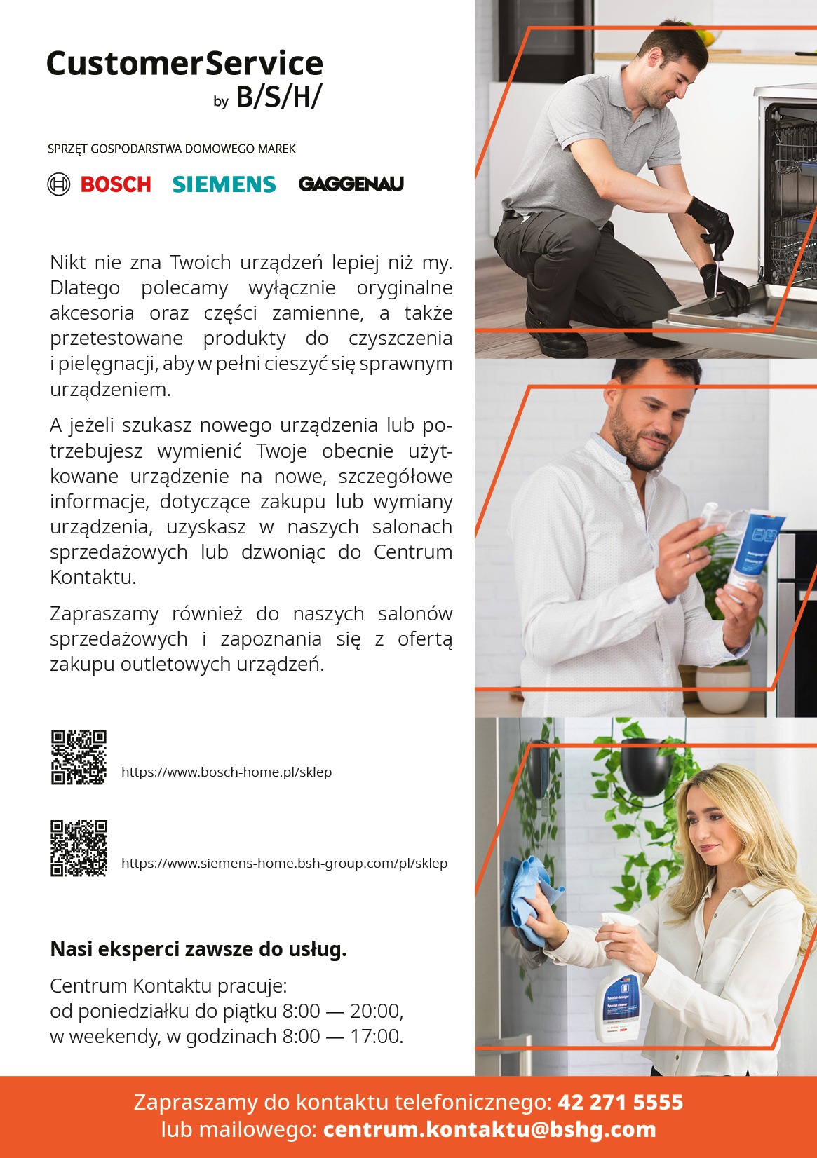 Reklama serwisu AGD BSH: mężczyzna naprawia zmywarkę, mężczyzna prezentuje środek czyszczący, kobieta czyści lodówkę. Usługi i części zamienne.