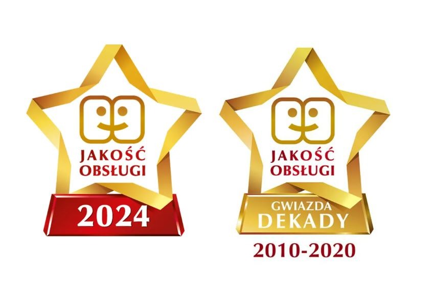 Dwie nagrody w kształcie gwiazd z napisem 'Jakość Obsługi', jedna z rokiem 2024, druga 'Gwiazda Dekady 2010-2020', na białym tle.
