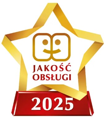 Złota gwiazda z napisem JAKOŚĆ OBSŁUGI i datą 2025 na czerwonej podstawie. Symbol nagrody lub wyróżnienia za jakość obsługi klienta.