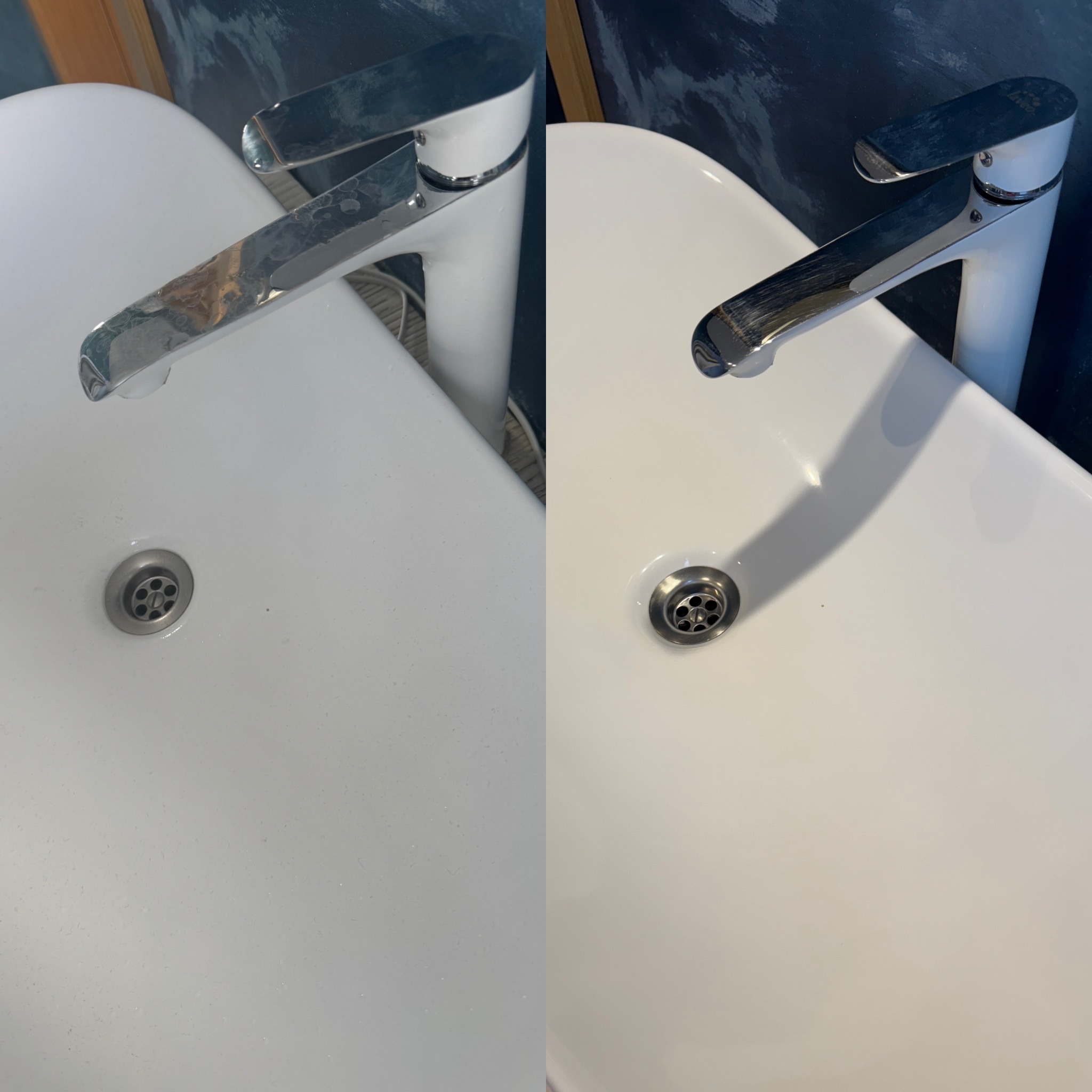 Umywalka z chromowaną baterią w ujęciu przed i po czyszczeniu. Po lewej stronie widoczne zabrudzenia, po prawej lśniąca powierzchnia.