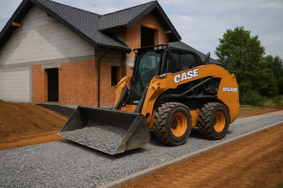 Żółta ładowarka CASE SYS40B z pełną łyżką kruszywa na utwardzonej drodze gruntowej, w tle budynek w stanie surowym otwartym.