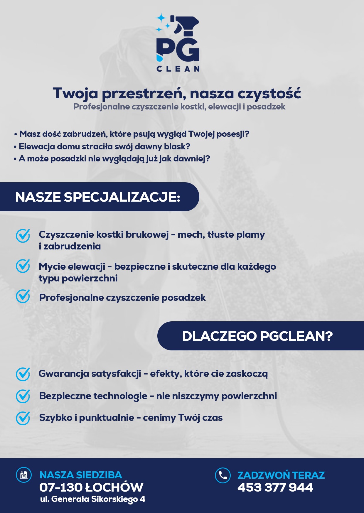 Grafika reklamowa PG Clean: czyszczenie kostki, elewacji i posadzek. Oferta obejmuje bezpieczne i skuteczne metody dla każdego typu powierzchni. Gwarancja satysfakcji.