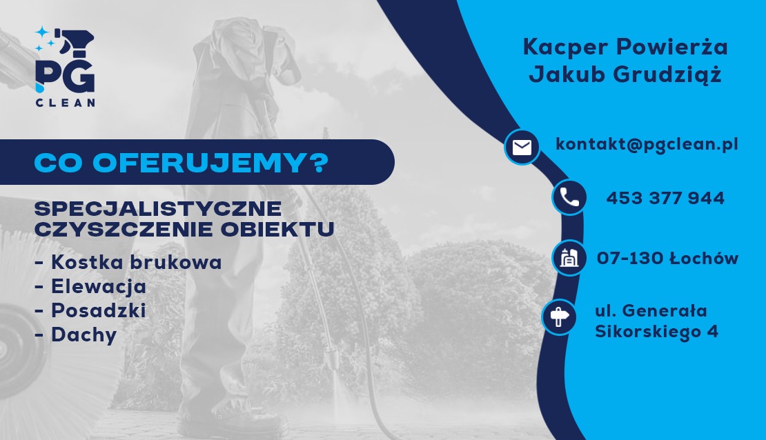Grafika reklamowa: oferta specjalistycznego czyszczenia kostki brukowej, elewacji, posadzek i dachów. Dane kontaktowe firmy i logo PG Clean na niebieskim tle.