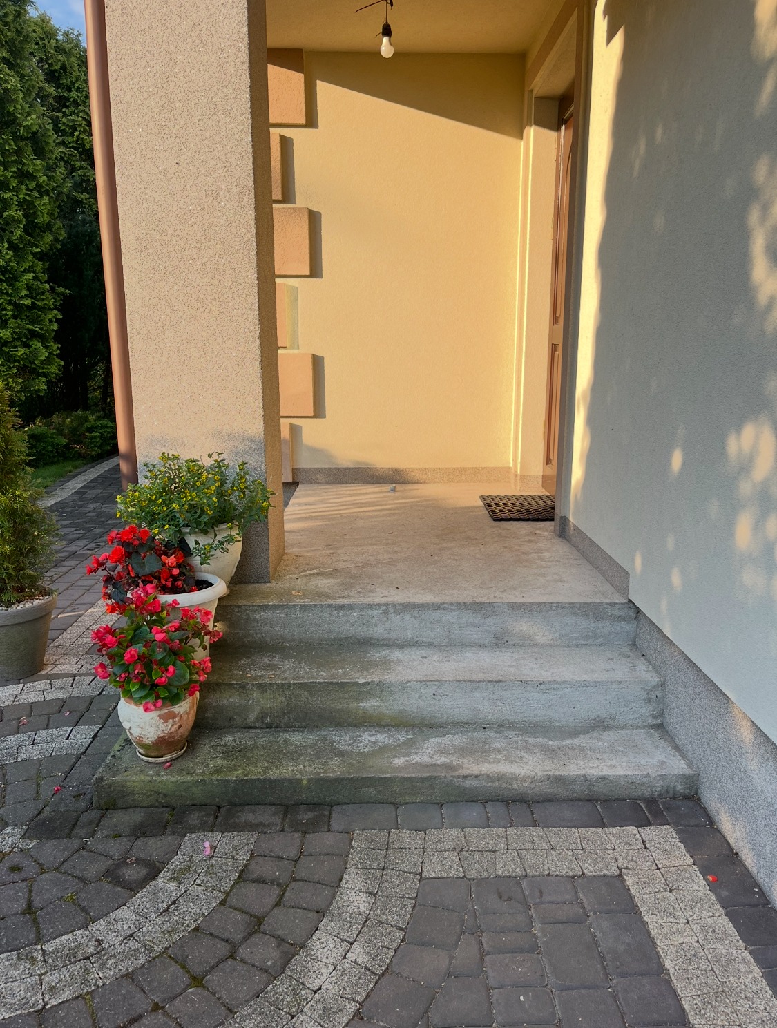 Wejście do domu z betonowymi schodami i donicami z czerwonymi kwiatami. Kostka brukowa ułożona w łuki. Ściana domu w ciepłym odcieniu z elementami dekoracyjnymi.