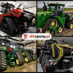 Kompozycja czterech zdjęć: czerwony, zielony, żółty traktor gąsienicowy w różnych sceneriach, podkreślająca różnorodność modeli i zastosowań w transporcie rolniczym.