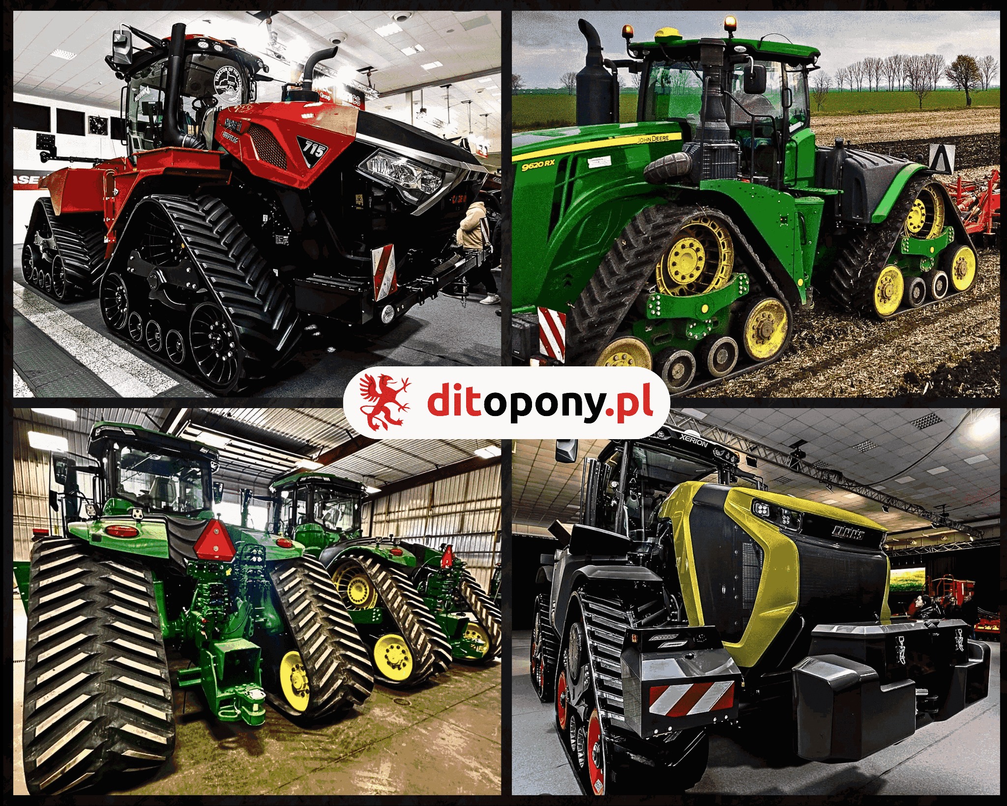Kompozycja czterech zdjęć: czerwony, zielony, żółty traktor gąsienicowy w różnych sceneriach, podkreślająca różnorodność modeli i zastosowań w transporcie rolniczym.