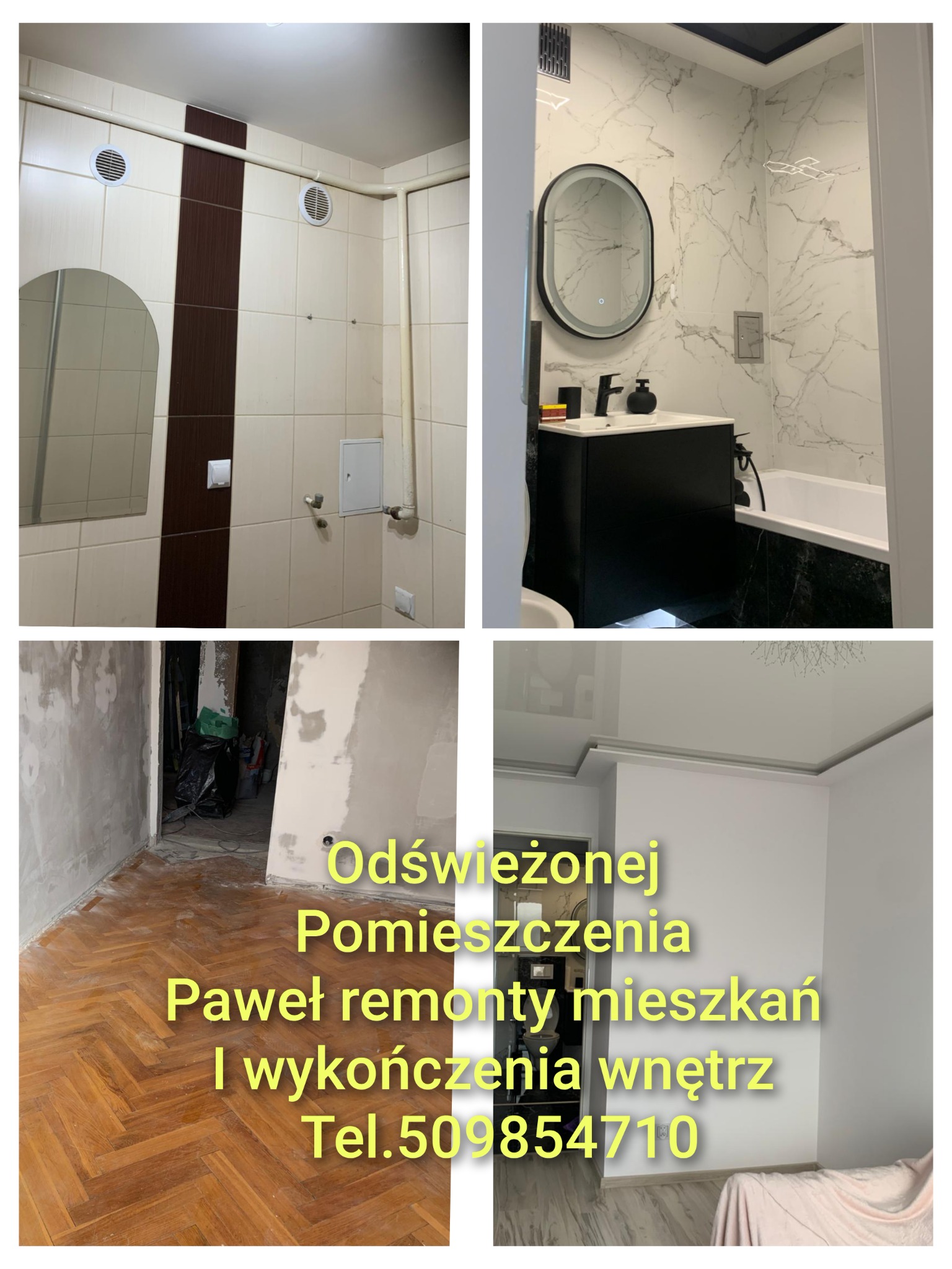 Kolaż: Łazienka przed i po remoncie. Po lewej: stara łazienka z beżowymi płytkami. Po prawej: nowa łazienka z marmurowymi płytkami i czarną armaturą.