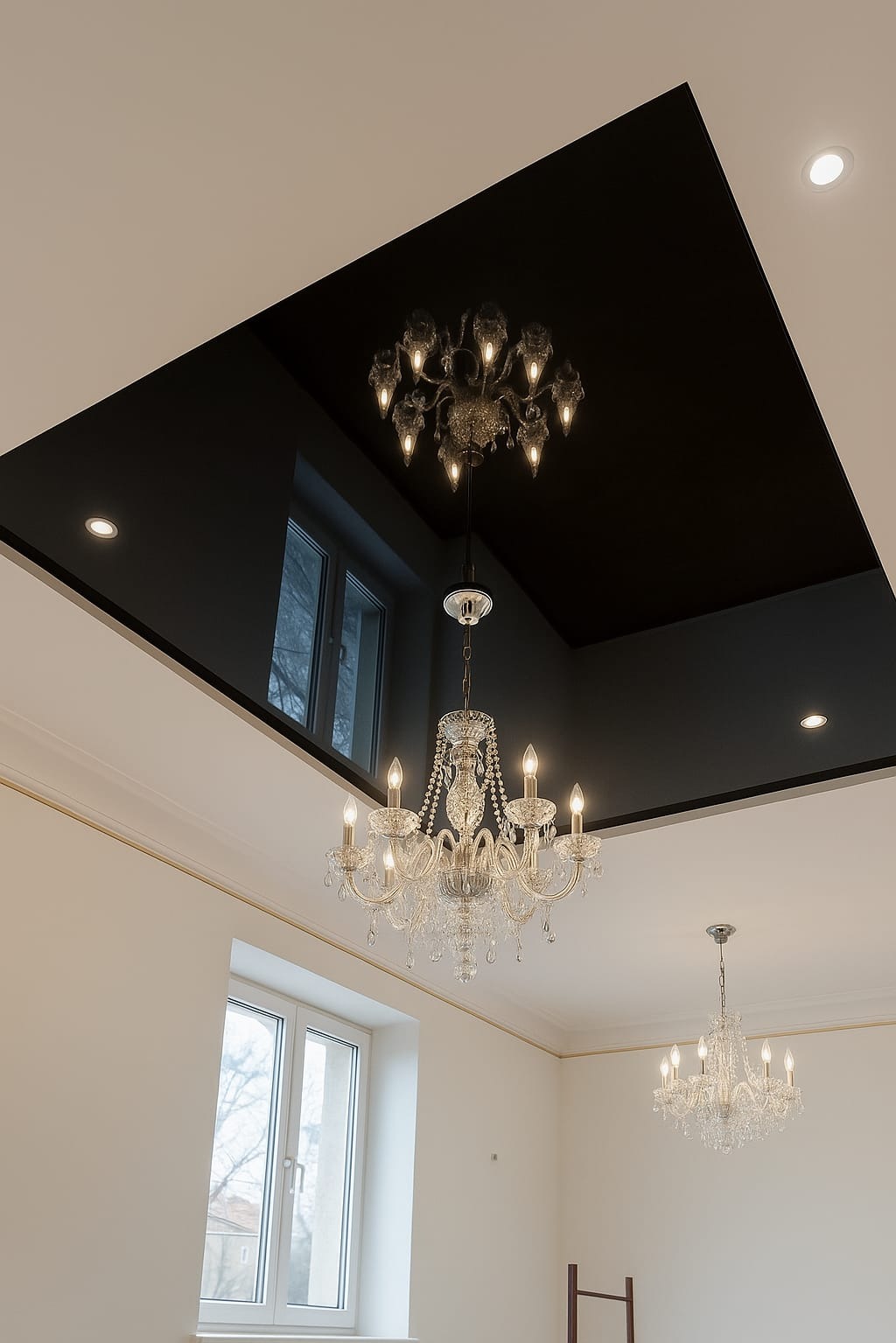 „Wykonano gładzie, malowanie oraz montaż sufitu podwieszanego z błyszczącym sufitem napinanym i oświetleniem.”