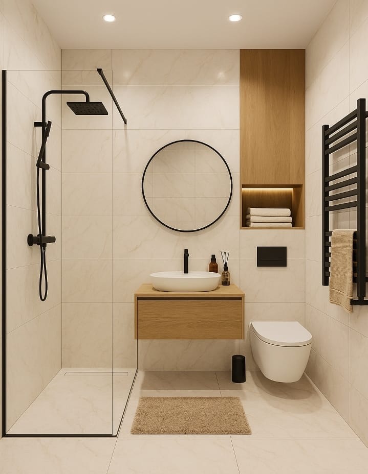 Nowoczesna łazienka z kabiną prysznicową typu walk-in, okrągłym lustrem i drewnianą szafką pod umywalką. Minimalistyczny design z czarnymi akcentami i beżowymi płytkami.