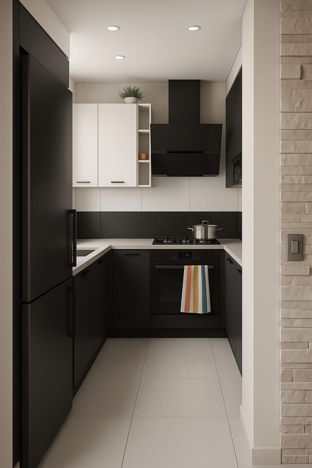 Nowoczesna kuchnia w czerni i bieli z akcentem kolorowej ściereczki na piekarniku. Minimalistyczny design, płytki na ścianie imitujące kamień.