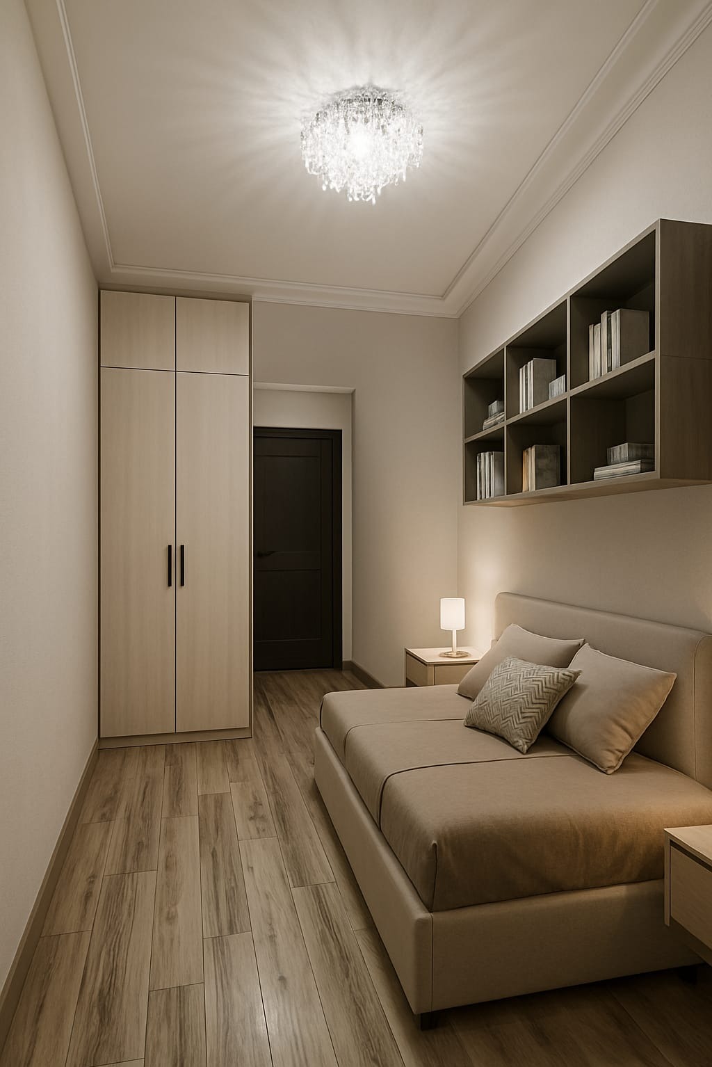 Nowoczesna sypialnia z drewnianą podłogą, beżowym łóżkiem, szafą i półkami. Kryształowy żyrandol dodaje elegancji. Minimalistyczny design i ciepłe oświetlenie.