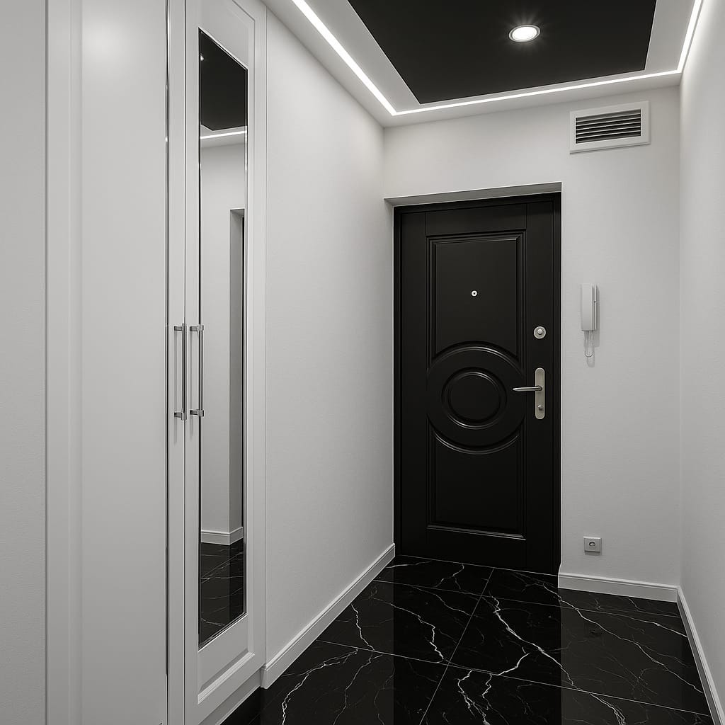 Nowoczesny przedpokój: czarne płytki imitujące marmur, białe ściany, czarne drzwi z okrągłym zdobieniem i biała szafa z lustrem. Oświetlenie LED na suficie.